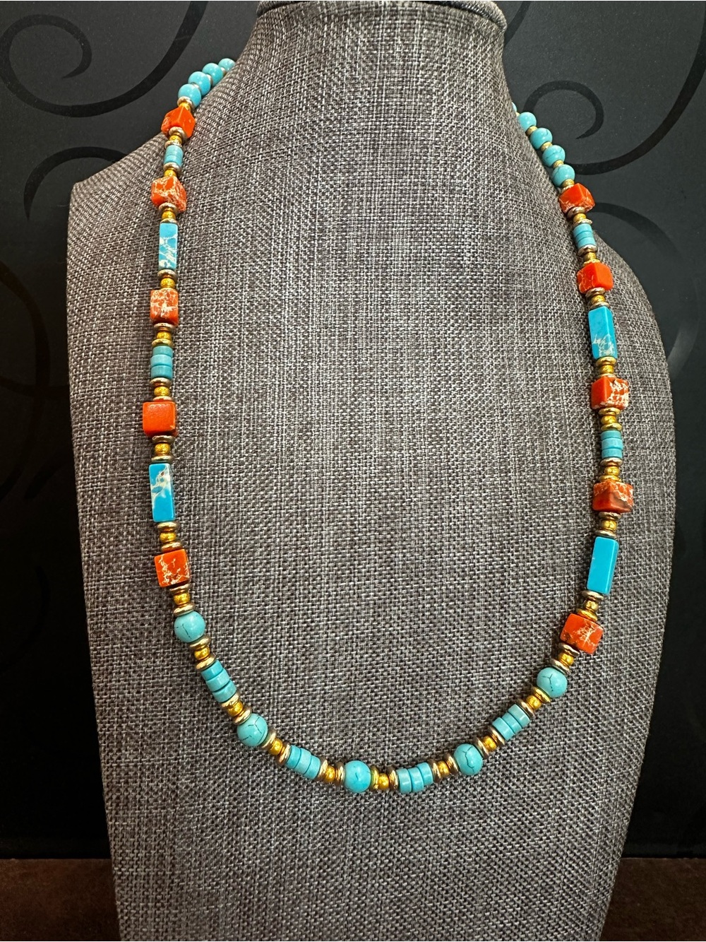 Turquoise Howlite & Orange Jasper Beaded Necklace